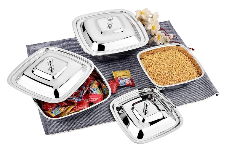 Dynore Stainless Steel Square Shape Serving Bowls with SS Lid 380 550 and 750 ml Set of 3 Pcs - Image 2