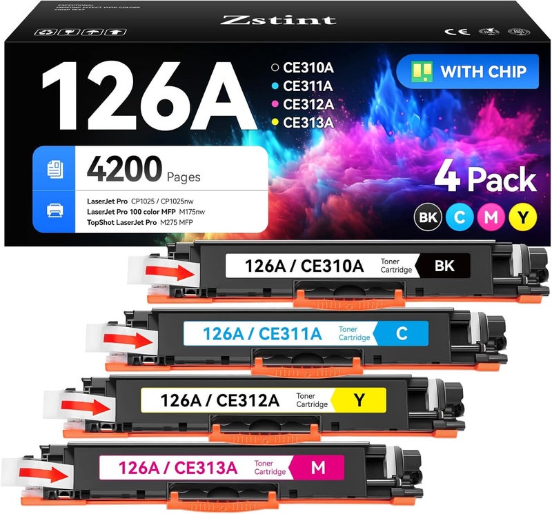 Zstint 126A Toner Cartridge Set 4-Pack Replacement for HP 126A CE310A CE311A CE312A CE313A Compatible with HP Laserjet Pro 100 Color MFP M175nw CP1025 CP1025nw M275 Printer Black Cyan Magenta Yellow - Image 1