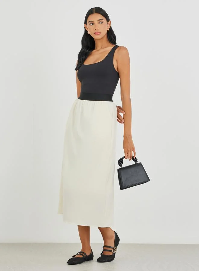 تايك تو Take Two Contrast Waistband Solid Midi Skirt