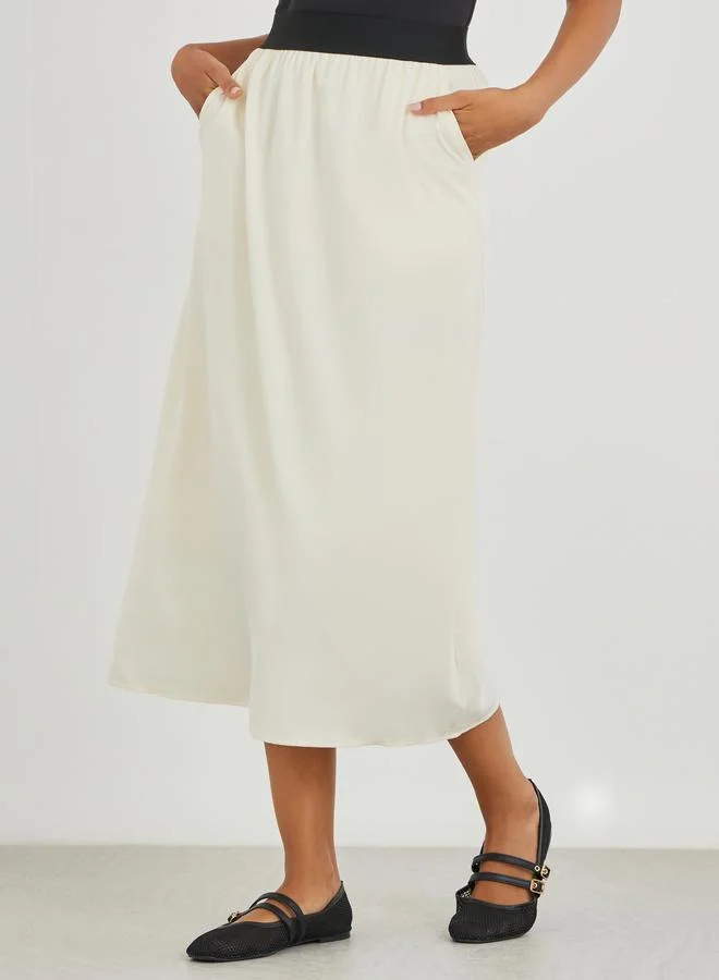 تايك تو Take Two Contrast Waistband Solid Midi Skirt