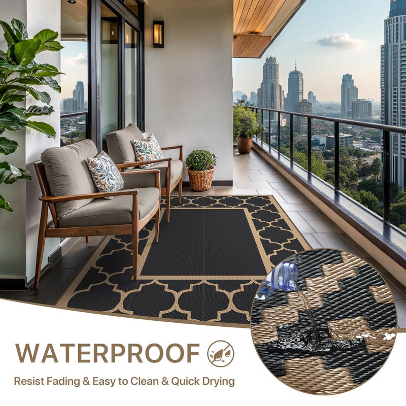 GENIMO 6' x 9' Outdoor Rug Waterproof for Patio Decor, Foldable Reversible Plastic Straw Area Rugs Mat for Camper, Outside Carpet for Rv, Deck, Porch, Picnic, Beach, Balcony, Black & Brown - Image 5