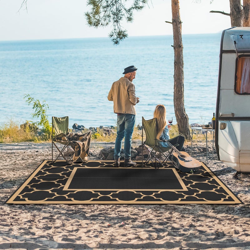 GENIMO 6' x 9' Outdoor Rug Waterproof for Patio Decor, Foldable Reversible Plastic Straw Area Rugs Mat for Camper, Outside Carpet for Rv, Deck, Porch, Picnic, Beach, Balcony, Black & Brown - Image 2