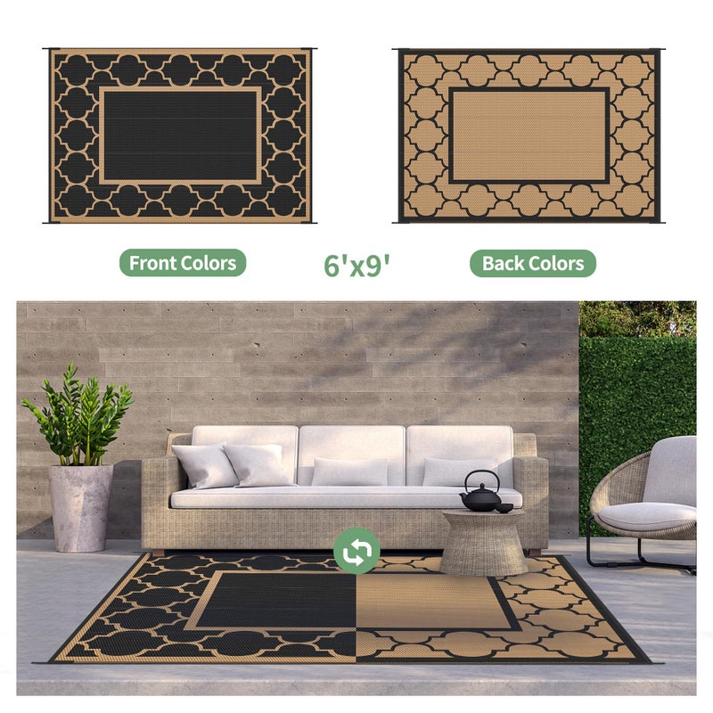 GENIMO 6' x 9' Outdoor Rug Waterproof for Patio Decor, Foldable Reversible Plastic Straw Area Rugs Mat for Camper, Outside Carpet for Rv, Deck, Porch, Picnic, Beach, Balcony, Black & Brown - Image 4