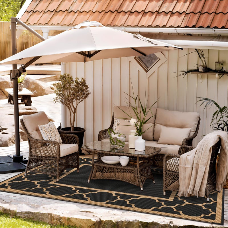 GENIMO 6' x 9' Outdoor Rug Waterproof for Patio Decor, Foldable Reversible Plastic Straw Area Rugs Mat for Camper, Outside Carpet for Rv, Deck, Porch, Picnic, Beach, Balcony, Black & Brown - Image 3