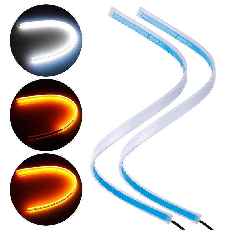 2 x 60cm LED Daytime Running Light Dual Color Silicone Flexible DRL LED Waterproof Slim Car Soft Tube Strip, DC 12V Signal Light