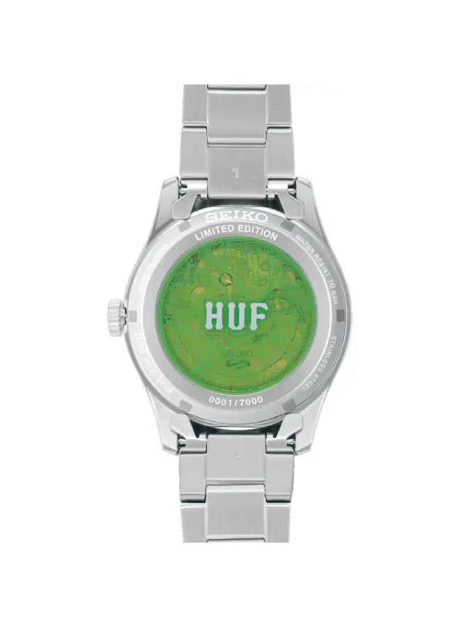Seiko 5 Sports x HUF Limited Edition Automatic Men's Watch SBSA323 / SRPM09 – Silver Stainless Steel, Semi-Transparent Green Dial - Image 3