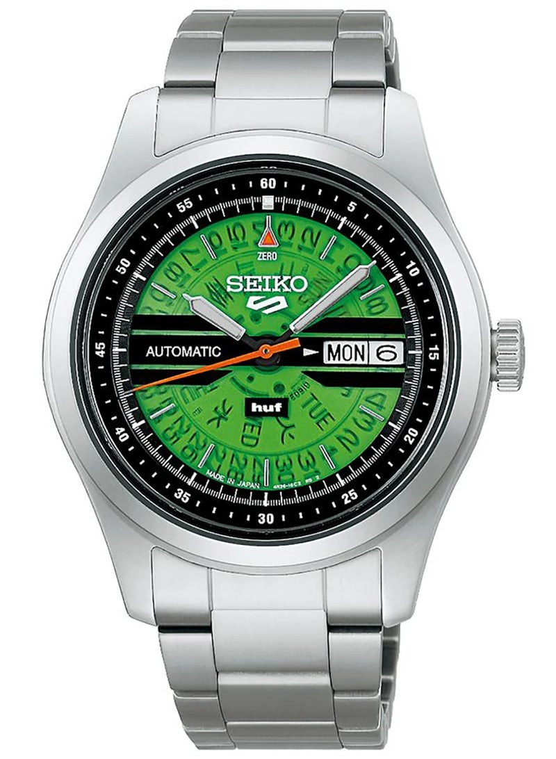Seiko 5 Sports x HUF Limited Edition Automatic Men's Watch SBSA323 / SRPM09 – Silver Stainless Steel, Semi-Transparent Green Dial - Image 1