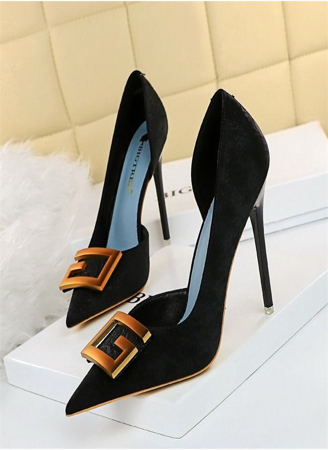 BIGTREE - Pointed Side Cut-Out Square Button High Heels 10.5CM Black - Image 1