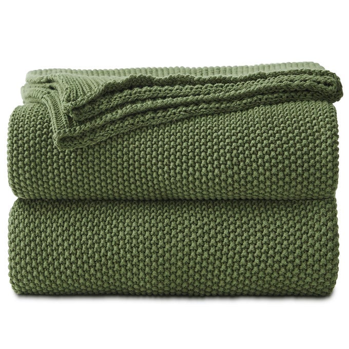 OLIVE GREEN COTTON CABLE KNIT THROW BLANKET FOR COUCH SOFA BED HOME DECORATIVE LIGHTWEIGHT KNITTED BLANKETS WITH BONUS LAUNDERING BAG 60 X 80 MACHINE WASHABLE