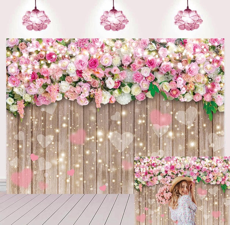 WANGRJ Rose Flower Love Heart Backdrop for Photography Romantic Rose Floral Banner for Valentines Day Wedding Anniversary Motherâ€™s Day Party Decorations (7x5FTï¼ˆ210x150cmï¼‰) - Image 1