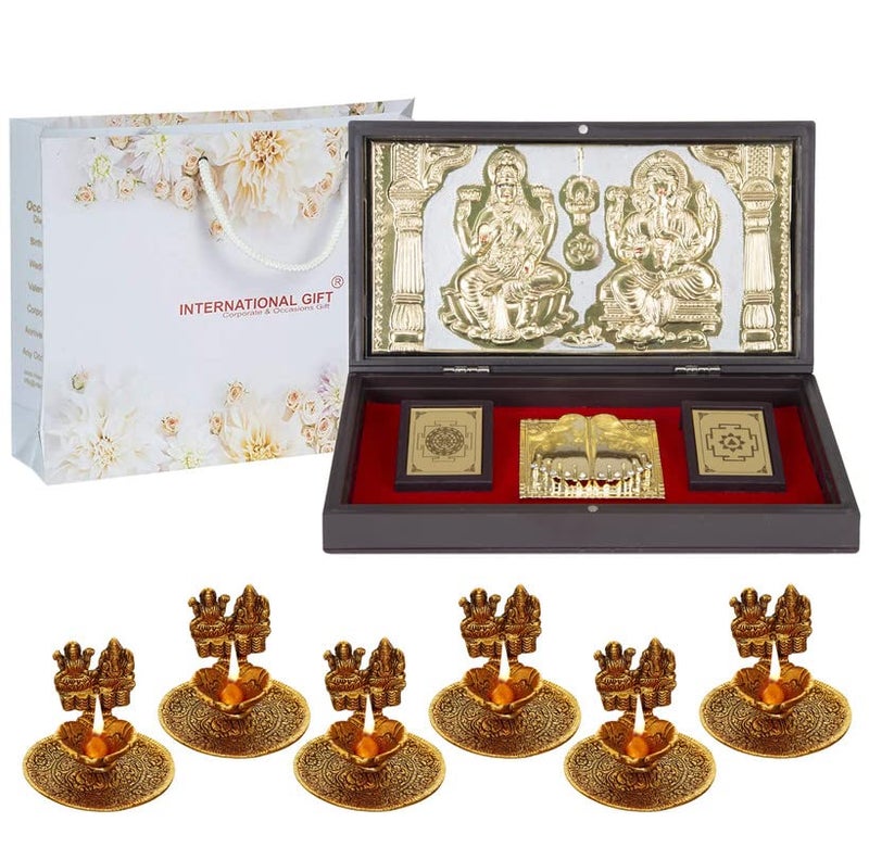 INTERNATIONAL GIFT® Golden Laxmi Ganesh God Idol with Charan Paduka with 6 Piece Laxmi Ganesh Diya (13h X 21w X 11.5l Centimeters) Gifting | Pooja Mandir | Home Dcor - Image 1