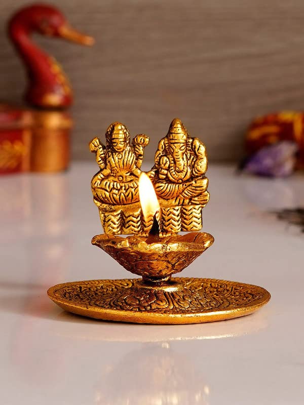 INTERNATIONAL GIFT® Golden Laxmi Ganesh God Idol with Charan Paduka with 6 Piece Laxmi Ganesh Diya (13h X 21w X 11.5l Centimeters) Gifting | Pooja Mandir | Home Dcor - Image 4