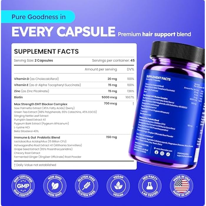 Crotar DHT Blocker for Women & Men | Dual Action Hair Growth Supplement | Saw Palmetto and Pumpkin Seed Oil, Biotin 5000 mcg, Zinc | Hair & Scalp Support Herbal Complex | 90 Capsules - Image 4