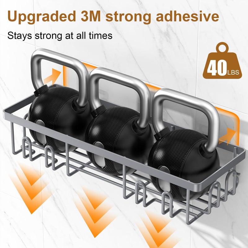 Getsrichfc 2025 New Adhesive Shower Caddy, Shower Shelves with 16 Hooks, Grey 2 Pack - Image 5