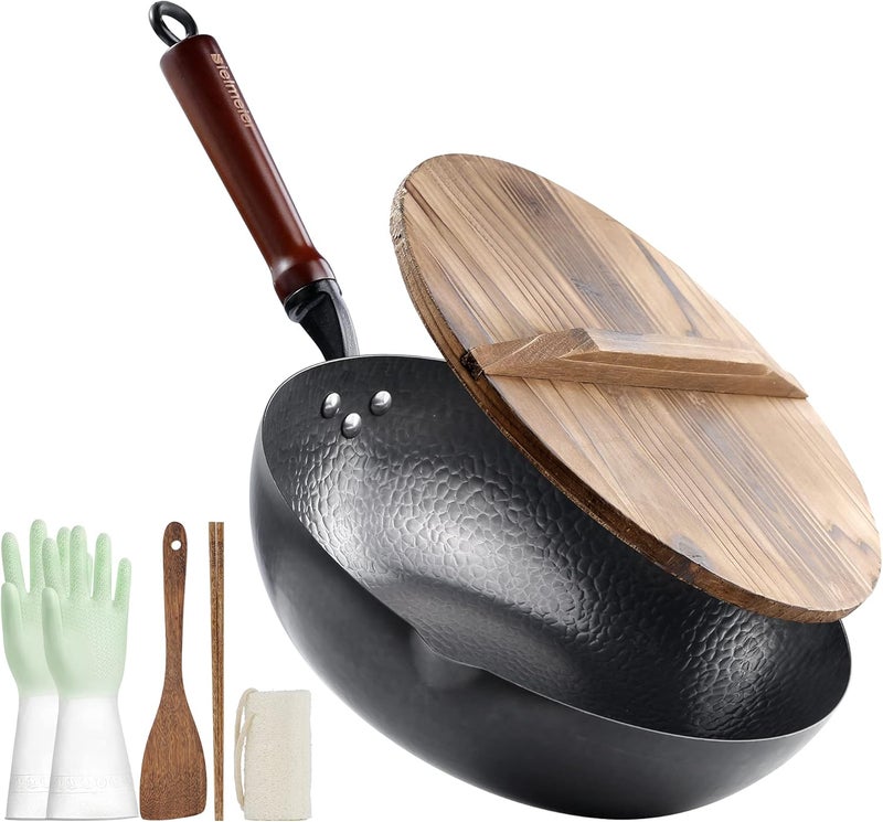 BIELMEIER Wok Pan 12.5", Stir Fry Pan with Lid, Gloves & Cookware Accessories, Carbon Steel, Suitable for All Stoves (Flat Bottom) - Image 1