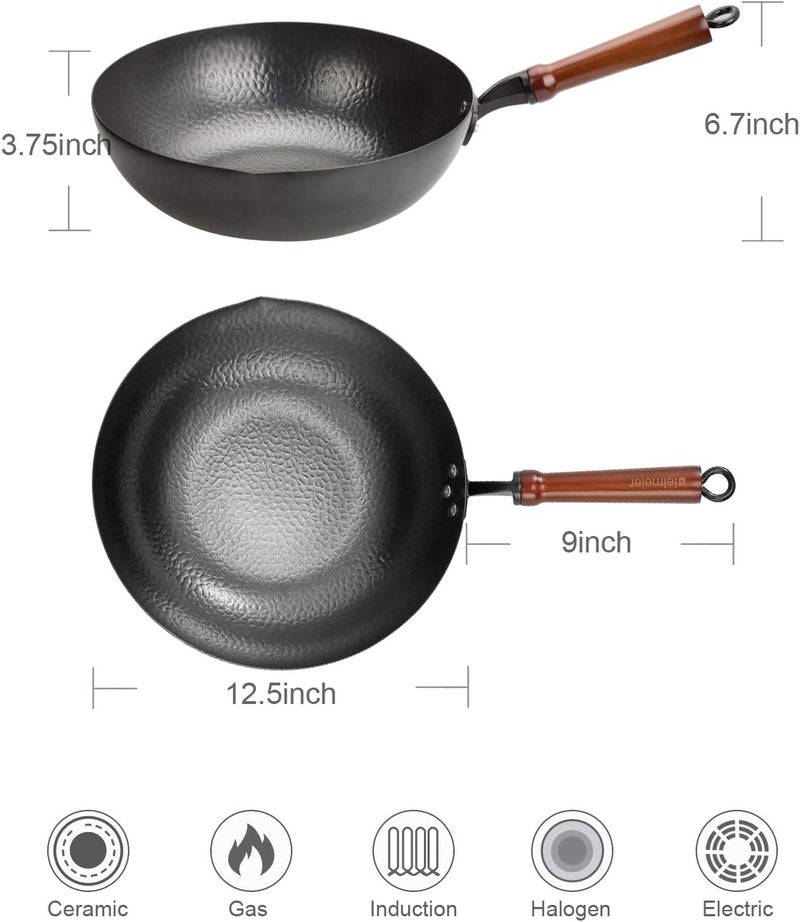 BIELMEIER Wok Pan 12.5", Stir Fry Pan with Lid, Gloves & Cookware Accessories, Carbon Steel, Suitable for All Stoves (Flat Bottom) - Image 3