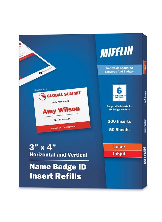 Mifflin-USA Name Badge Inserts, 3"x4" or 4"x3" Badge Inserts (300 Cardstock Refills, 50 Sheets), Compatible with Inkjet, Laser Printer, and Printable Badge Inserts - Image 1
