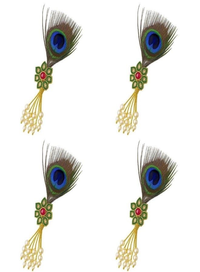 Fiable Collection Peacock Feather Decorative Pin with Beads & Pearls - Ethnic Brooch for Wedding, Dance & Religious Functions, Pack of 4 - Image 2