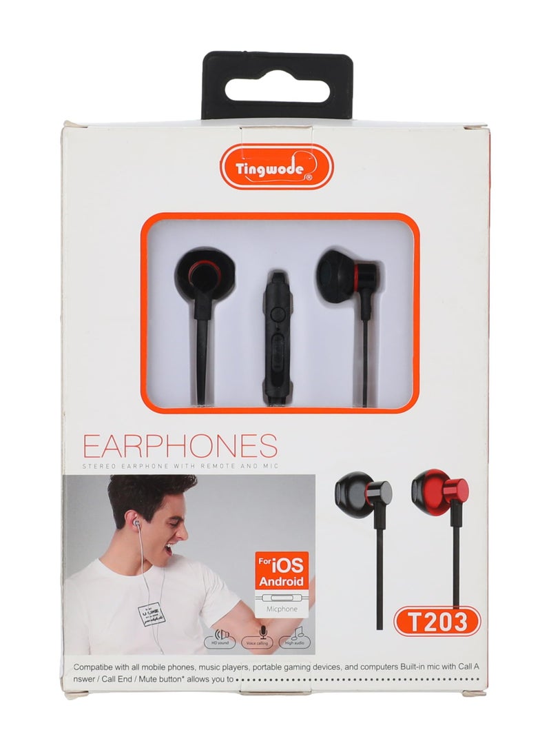 Tingwode T203 Wired Music Earphone With Stereo Sound And Microphone - Black Red