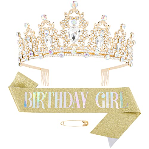 Didder Gold Birthday Girl Sash & Crystal Crown, Tiara Set - Girls & Women Birthday Crown & Sash - Image 1