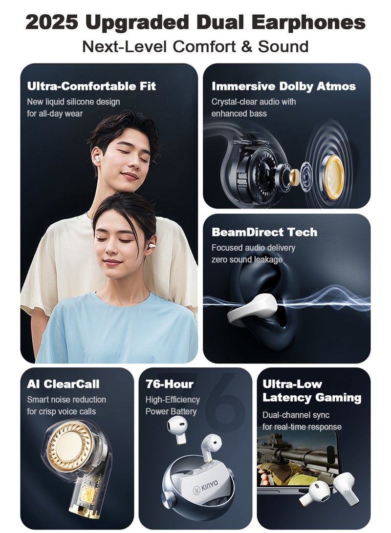 كينيو سماعات أذن لاسلكية 2 CPS، تصميم سماعات أذن مفتوحة بمشبك، سماعات ألعاب بزمن انتقال منخفض للغاية 0.06 ثانية، وقت تشغيل 76 ساعة، سماعات أذن بلوتوث بمشبك، Dolby Atmos، إلغاء الضوضاء بالذكاء الاصطناعي، مقاومة للماء IP5X، ملاءمة مريحة للألعاب/الجري/التمرين (أسود) - Image 3