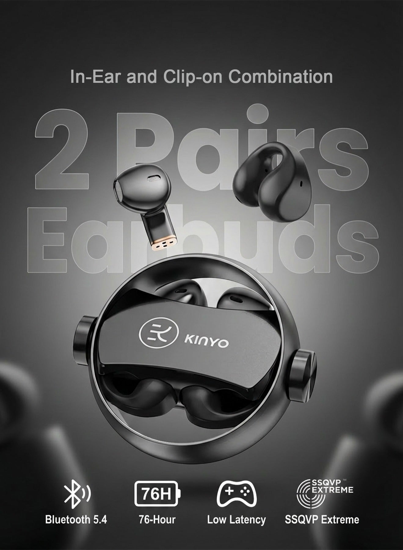 2 Cps Wireless Earbuds, Clip-On Open-Ear Earbuds Design, 0.06s Ultra-Low Latency Gaming Earphones, 76H Playtime Bluetooth Clip Earbuds, Dolby Atmos, AI Noise Cancellation, IP5X Waterproof, Comfort Fit for Gaming/Running/Workout (Black)