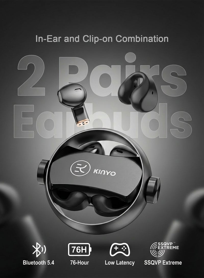 كينيو سماعات أذن لاسلكية 2 CPS، تصميم سماعات أذن مفتوحة بمشبك، سماعات ألعاب بزمن انتقال منخفض للغاية 0.06 ثانية، وقت تشغيل 76 ساعة، سماعات أذن بلوتوث بمشبك، Dolby Atmos، إلغاء الضوضاء بالذكاء الاصطناعي، مقاومة للماء IP5X، ملاءمة مريحة للألعاب/الجري/التمرين (أسود) - Image 1