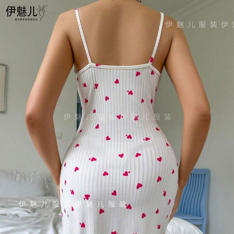 'S New Heart-Shaped Printed Contrasting Color Home Wear Slit Lace Bow Suspender Skirt 5046 - Image 5