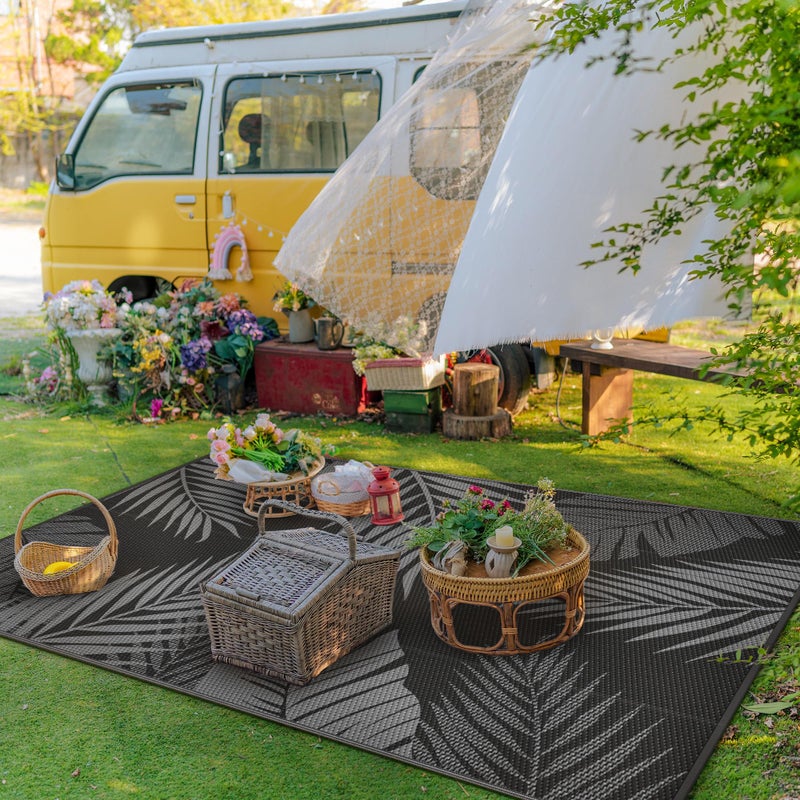 GENIMO Outdoor Rug 5' x 8' Waterproof for Patio Clearance, Reversible Plastic Straw Camping Carpet, Lightweight Mat for Rv, Camper, Deck, Porch, Picnic, Balcony, Beach, N.Black & Grey - Image 2