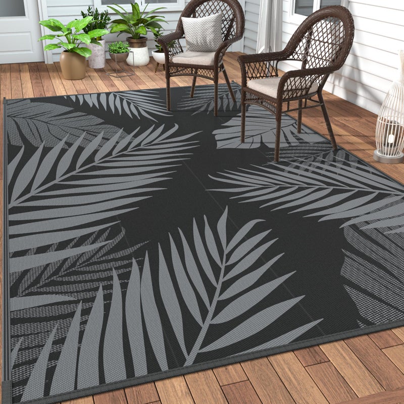 GENIMO Outdoor Rug 5' x 8' Waterproof for Patio Clearance, Reversible Plastic Straw Camping Carpet, Lightweight Mat for Rv, Camper, Deck, Porch, Picnic, Balcony, Beach, N.Black & Grey - Image 1