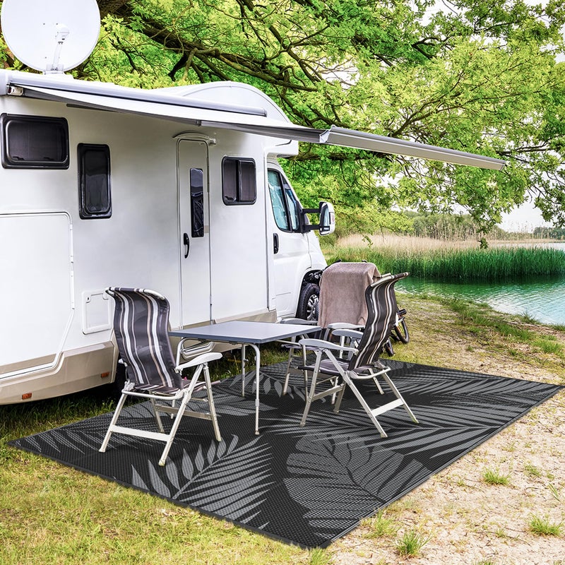 GENIMO Outdoor Rug 5' x 8' Waterproof for Patio Clearance, Reversible Plastic Straw Camping Carpet, Lightweight Mat for Rv, Camper, Deck, Porch, Picnic, Balcony, Beach, N.Black & Grey - Image 3