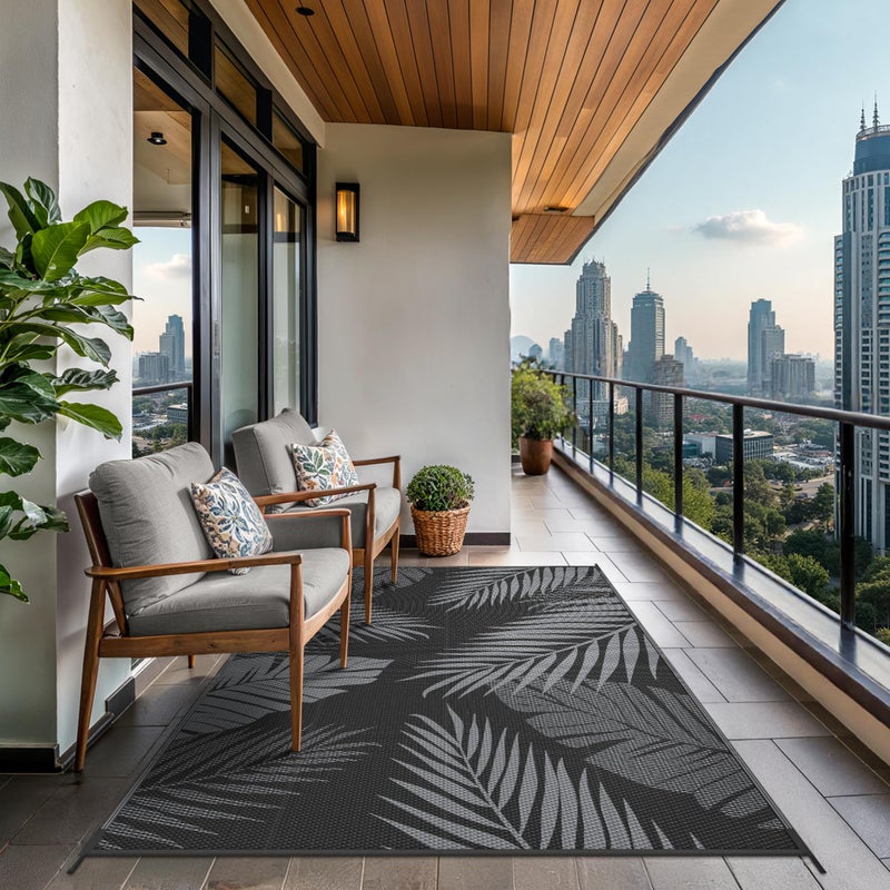 GENIMO Outdoor Rug 5' x 8' Waterproof for Patio Clearance, Reversible Plastic Straw Camping Carpet, Lightweight Mat for Rv, Camper, Deck, Porch, Picnic, Balcony, Beach, N.Black & Grey - Image 4