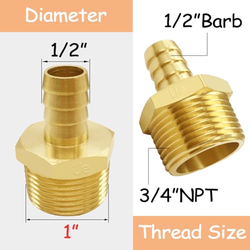 Uenede 3PCS Brass Hose Barb Fittings 3/4" NPT Male to 1/2" Barb Adapter Connector Include 3 Stainless Steel Clamps for Water/Oil/Gas - Image 2