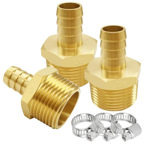Uenede 3PCS Brass Hose Barb Fittings 3/4" NPT Male to 1/2" Barb Adapter Connector Include 3 Stainless Steel Clamps for Water/Oil/Gas - Image 1