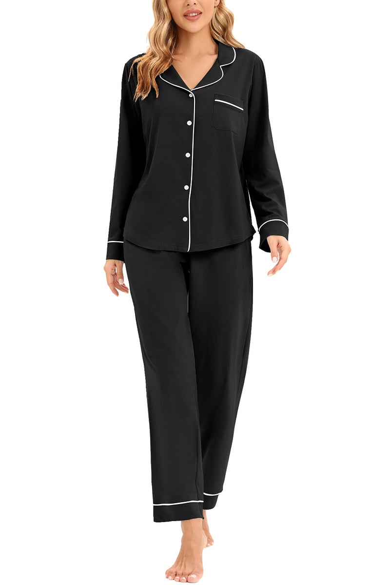 LUBOT Women's Pajamas Set Cotton PJ Set for Women Long Sleeve Button-Down Shirt PJ Pants Two-piece Set Warm Night Suit Sleepwear Loungewear (Black, 2XL) - Image 2