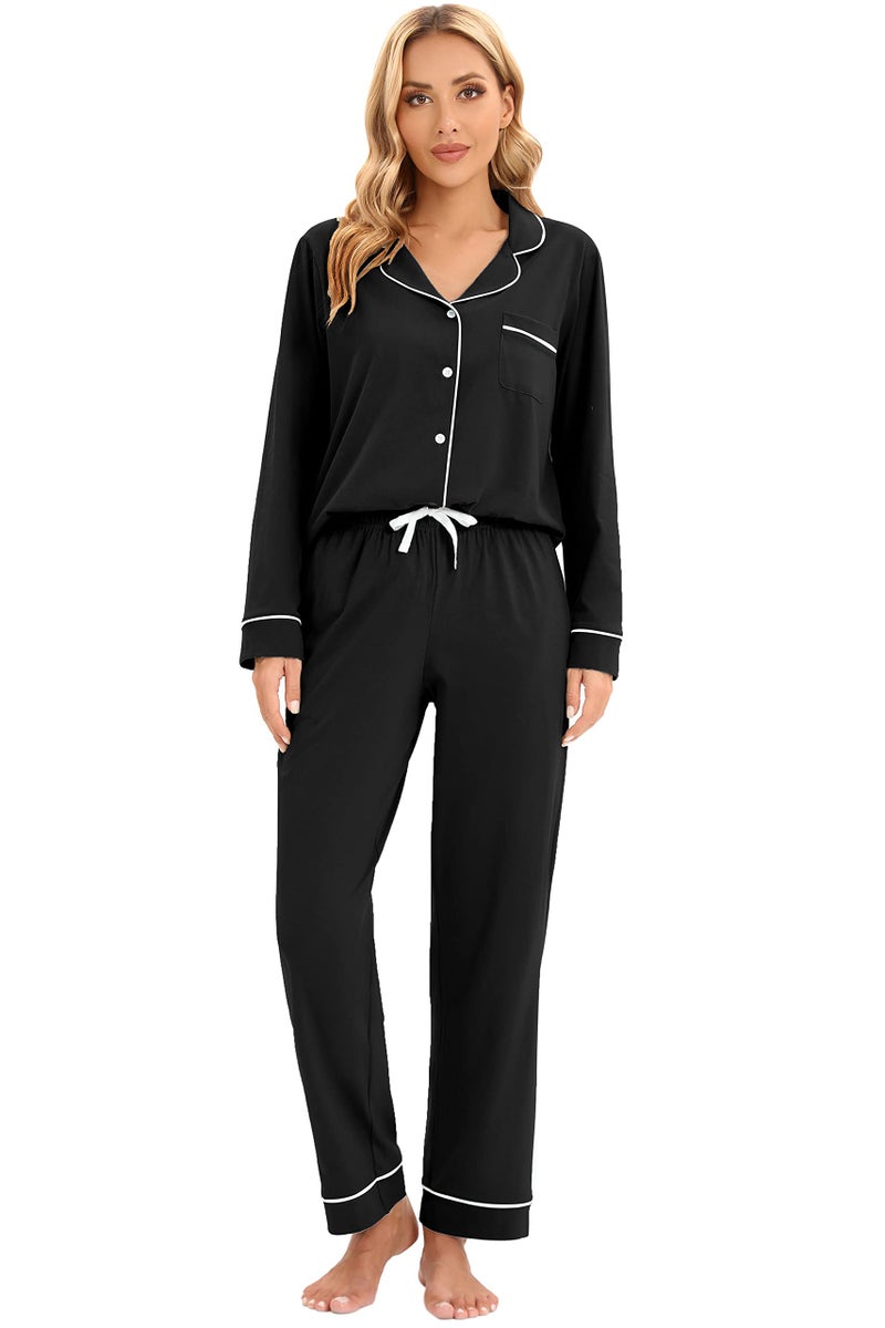 LUBOT Women's Pajamas Set Cotton PJ Set for Women Long Sleeve Button-Down Shirt PJ Pants Two-piece Set Warm Night Suit Sleepwear Loungewear (Black, 2XL) - Image 5