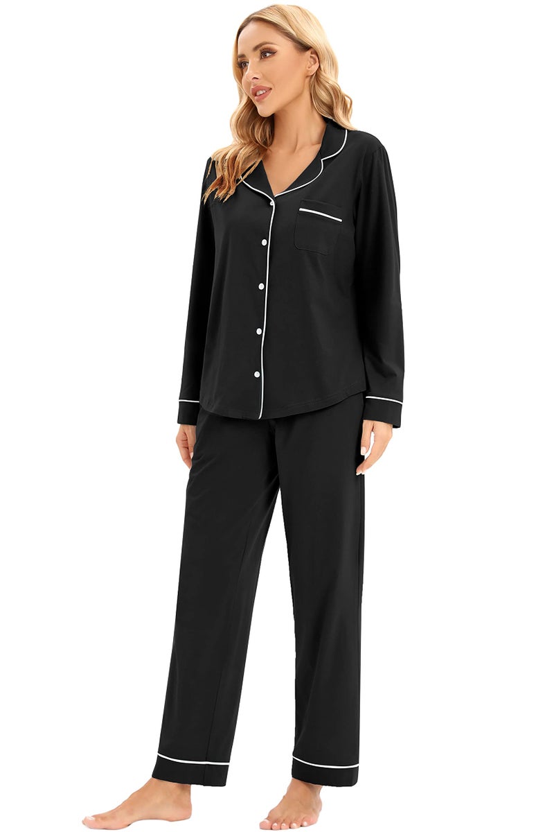 LUBOT Women's Pajamas Set Cotton PJ Set for Women Long Sleeve Button-Down Shirt PJ Pants Two-piece Set Warm Night Suit Sleepwear Loungewear (Black, 2XL) - Image 4