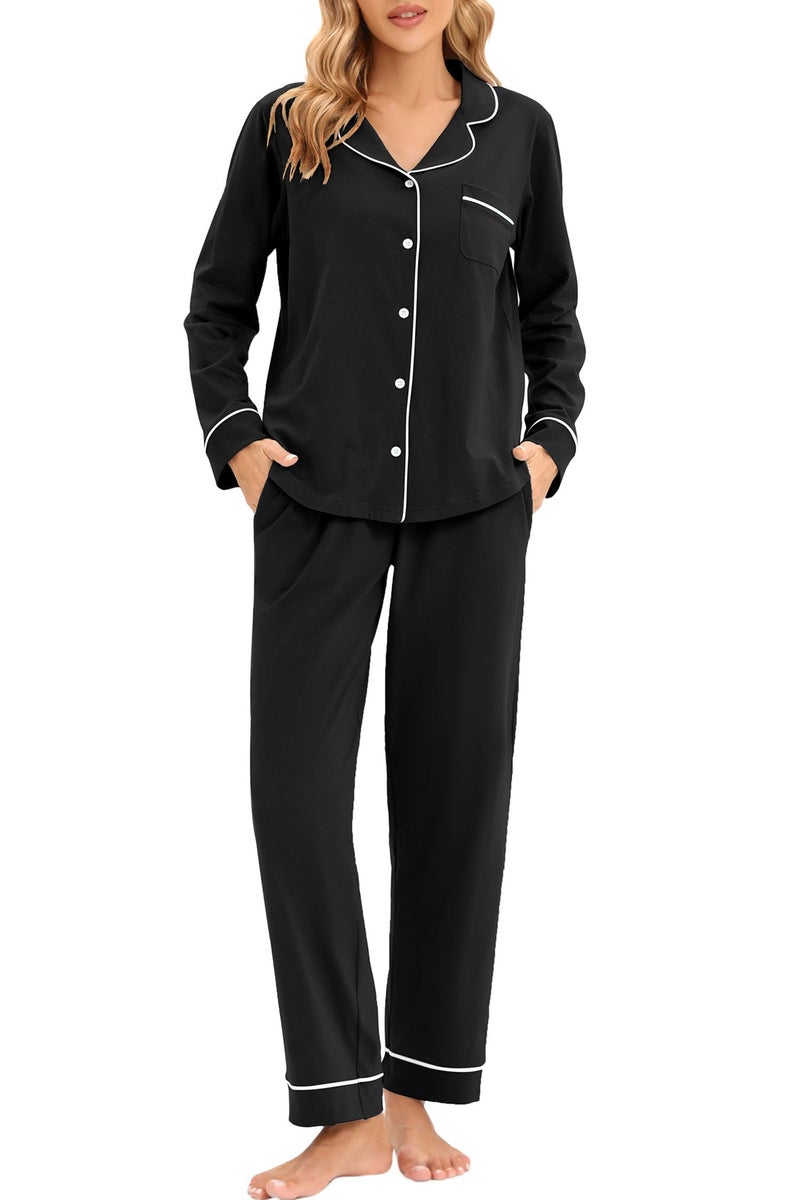 LUBOT Women's Pajamas Set Cotton PJ Set for Women Long Sleeve Button-Down Shirt PJ Pants Two-piece Set Warm Night Suit Sleepwear Loungewear (Black, 2XL) - Image 1
