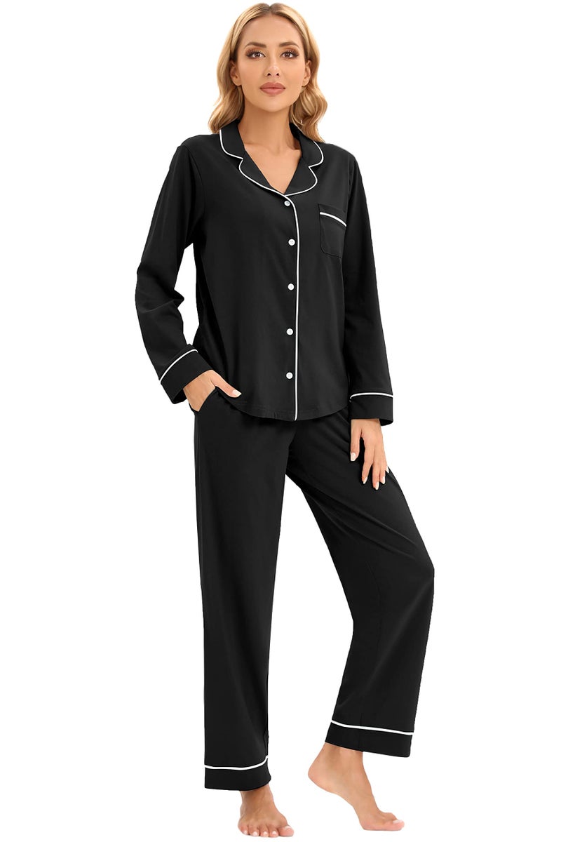 LUBOT Women's Pajamas Set Cotton PJ Set for Women Long Sleeve Button-Down Shirt PJ Pants Two-piece Set Warm Night Suit Sleepwear Loungewear (Black, 2XL) - Image 3
