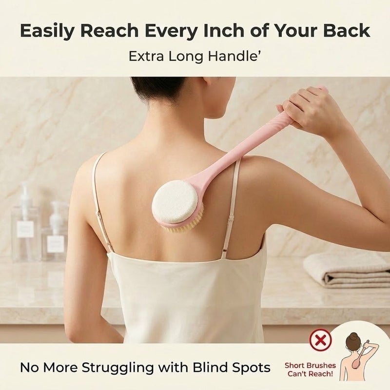 16.54 Inch Extended Handle Dual Sided Bath Brush And Washcloth 2 In 1 White Deep Cleansing Exfoliating Body Brush No Assistance Needed Non Slip Nordic Style - Image 1