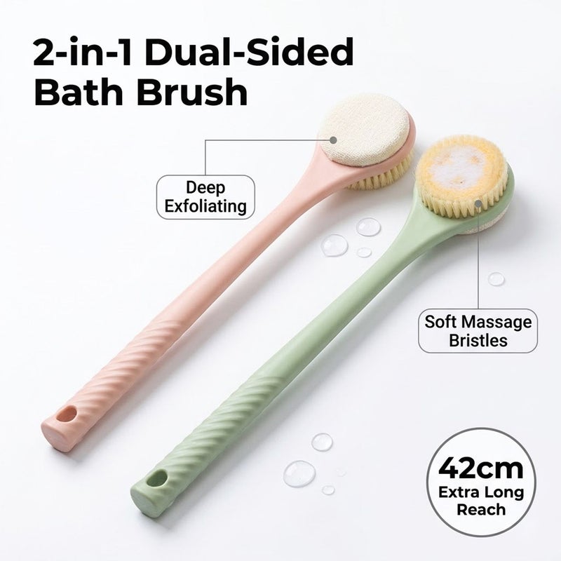 16.54 Inch Extended Handle Dual Sided Bath Brush And Washcloth 2 In 1 White Deep Cleansing Exfoliating Body Brush No Assistance Needed Non Slip Nordic Style - Image 3