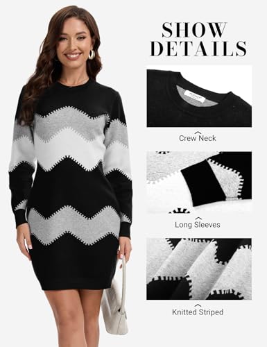 PEHMEA Women's Knitted Striped Bodycon Mini Sweater Dress Long Sleeve Crew Neck Fall Winter(Black-Medium) - Image 4