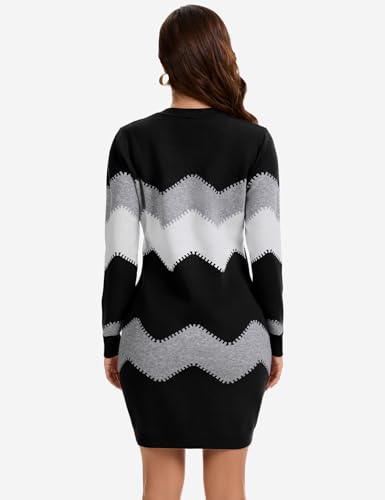 PEHMEA Women's Knitted Striped Bodycon Mini Sweater Dress Long Sleeve Crew Neck Fall Winter(Black-Medium) - Image 3