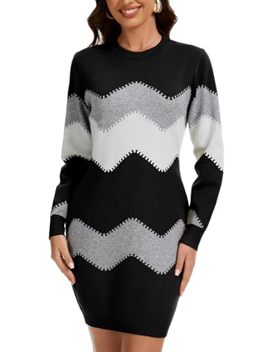 PEHMEA Women's Knitted Striped Bodycon Mini Sweater Dress Long Sleeve Crew Neck Fall Winter(Black-Medium) - Image 1