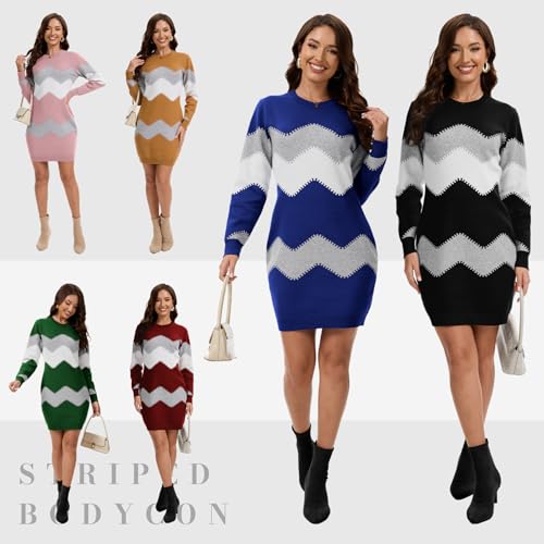 PEHMEA Women's Knitted Striped Bodycon Mini Sweater Dress Long Sleeve Crew Neck Fall Winter(Black-Medium) - Image 5