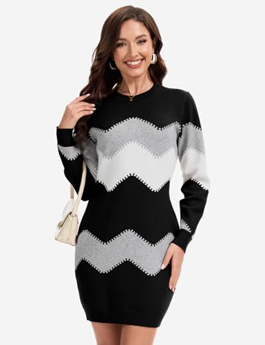 PEHMEA Women's Knitted Striped Bodycon Mini Sweater Dress Long Sleeve Crew Neck Fall Winter(Black-Medium) - Image 2