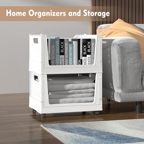 BUZIFU Stackable Plastic Storage Basket, 3 Pack Foldable Closet Organizers and Storage Bins with Wheels, Collapsible Drawer Shelf Storage Box Container for Office Bedroom Closet Wardrobe Kitchen Bathroom - Image 4