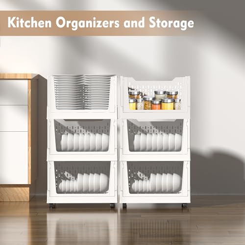 BUZIFU Stackable Plastic Storage Basket, 3 Pack Foldable Closet Organizers and Storage Bins with Wheels, Collapsible Drawer Shelf Storage Box Container for Office Bedroom Closet Wardrobe Kitchen Bathroom - Image 5