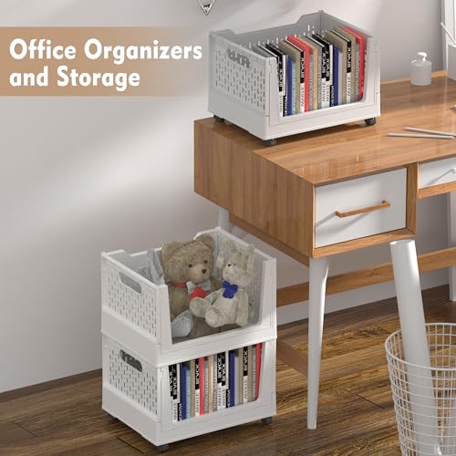 BUZIFU Stackable Plastic Storage Basket, 3 Pack Foldable Closet Organizers and Storage Bins with Wheels, Collapsible Drawer Shelf Storage Box Container for Office Bedroom Closet Wardrobe Kitchen Bathroom - Image 2