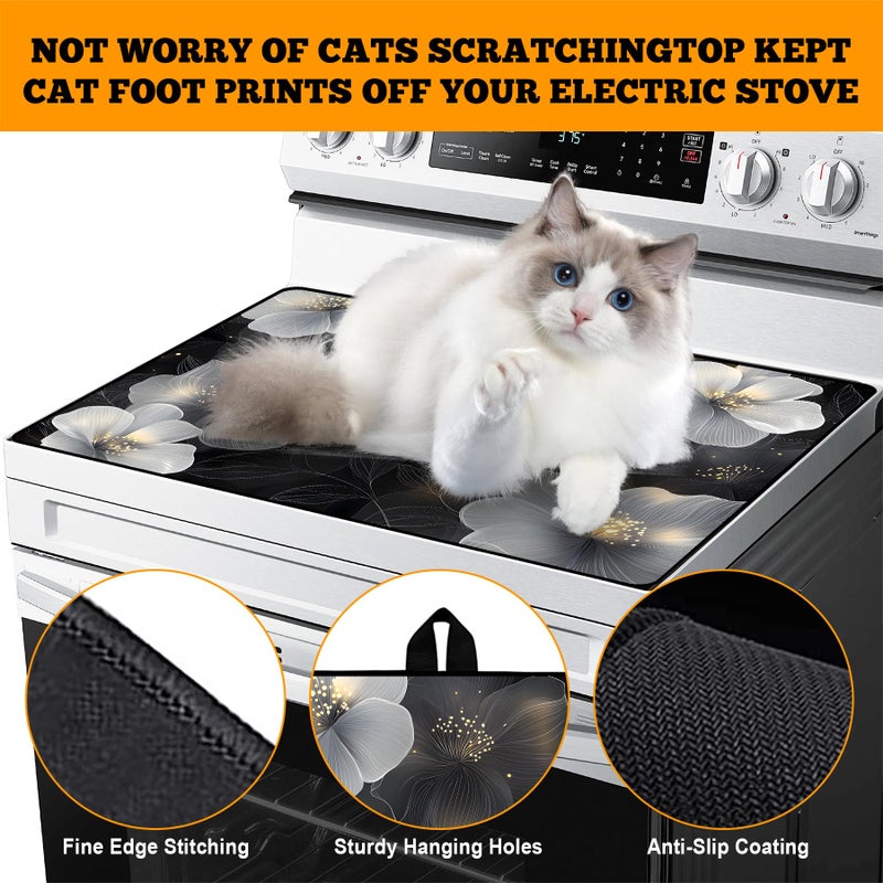 AOHMPT Multi-Design Stove Top Cover for Glass/Electric Stoves - 3-in-1 Heat-Resistant Protector Mat, Non-Slip Drying Rack 28"x20" (White Flowers, 28" L x 20" W) - Image 4